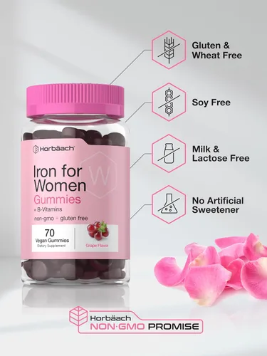 Miniatura 5 de Horbäach Gomitas de hierro para mujer, 70 unidades, sabor a uva, suplemento con vitaminas B, folato y zinc, vegano, sin OMG y sin gluten
