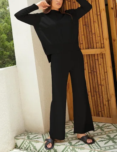 Miniatura 2 de Conjunto de 2 piezas para mujer, sudadera con cuello alto falso, pantalones de pierna ancha, conjuntos de ropa de descanso