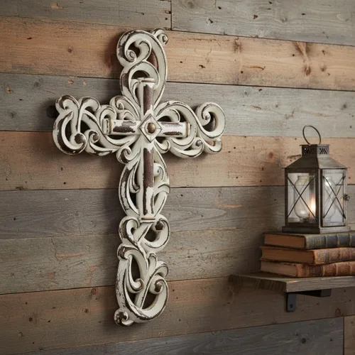 Miniatura 3 de Comfy Hour Cruz ornamentada para colgar en la pared, decoración religiosa dorada de estilo antiguo, placa de resina hueca con acabado artesanal