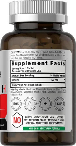 Miniatura 2 de Horbäach Píldoras de cafeína de 100 mg 250 tabletas Fórmula vegetariana Suplemento sin OMG, sin gluten