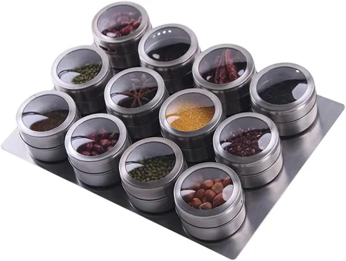12 recipientes magnéticos para especias - Base de acero inoxidable montada en la pared - Fácil de instalar 12 LATAS MAGNÉTICAS DE ESPECIAS CON