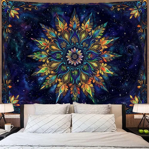 Miniatura 40 de Fowocu Tapiz bohemio con mandala floral para colgar en la pared, medallón de flores bohemias, tapiz estético, beige, naranja, hippie, indio, pequeño