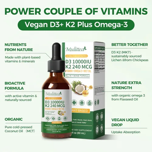 Miniatura 5 de Mulittea Líquido orgánico de vitamina D3 K2 con aceite de linaza y coco MCT vegano Omega-3, 10000 UI, líquido de vitamina D, sin rellenos, K2 sin