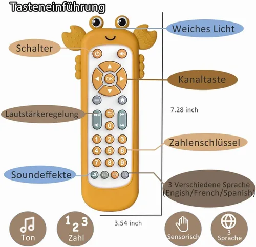 Miniatura 6 de Juguete de control remoto para TV para bebé con cubierta de silicona suave, juguete musical realista con luz y sonido, juguete educativo de Amarillo
