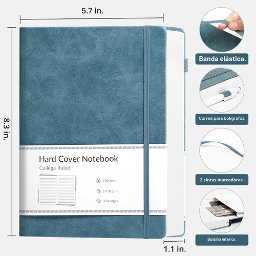 Miniatura 3 de CAGIE Cuaderno rayado, 320 páginas cuaderno rayado grueso para la universidad, papel de 100 g/m², diarios de tapa dura de cuero A5 para escribir Azul
