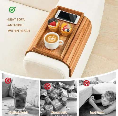 Miniatura 2 de GEHE Bandeja de madera de acacia para sofá, mesa auxiliar plegable para el brazo del sofá, mesa auxiliar con reposabrazos anticaídas, soporte