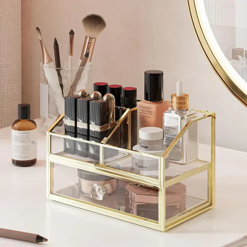 Miniatura 4 de FSyueyun Organizador de maquillaje para tocador, organizador de cajones de vidrio transparente, vitrina de exhibición de joyas, almacenamiento