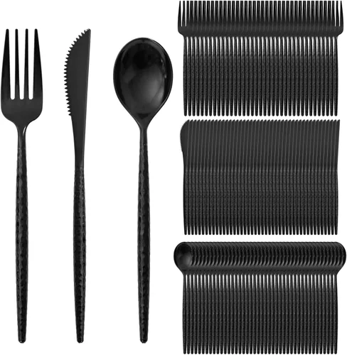 Miniatura 15 de Supernal 180 cubiertos de plástico dorado, utensilios de plástico desechables resistentes, juegos de cubiertos desechables dorados incluyen 60