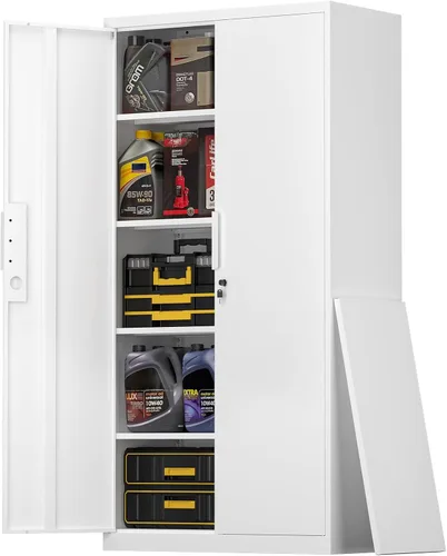 Miniatura 10 de Armario de almacenamiento de metal de 47 pulgadas de alto, gabinetes de almacenamiento de cocina con puertas y estantes, armario de metal blanco