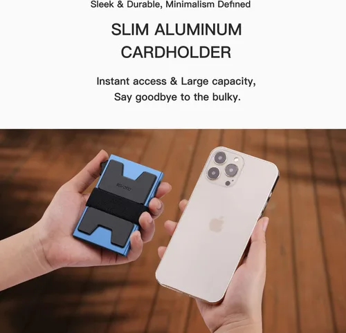 Miniatura 3 de SEMORID Cartera delgada de aluminio con tarjetero para hombre, Botón azul realB, Cartera Rfid minimalista para hombre