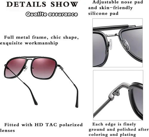 Miniatura 3 de FUZHITIAN Gafas de sol polarizadas cuadradas retro para hombres y mujeres, marco de aleación clásico HERO Iron Man y Spider-Man