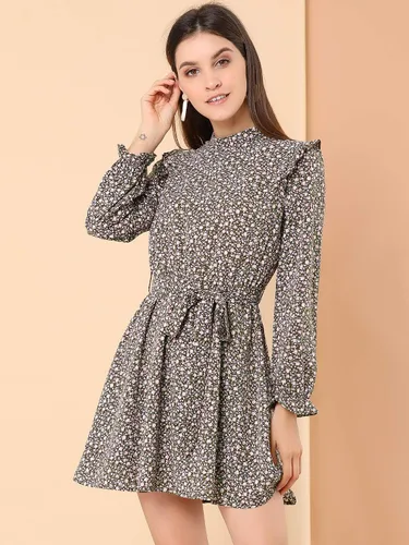 Miniatura 4 de Allegra K Vestido floral vintage con cuello alto y cinturón para mujer