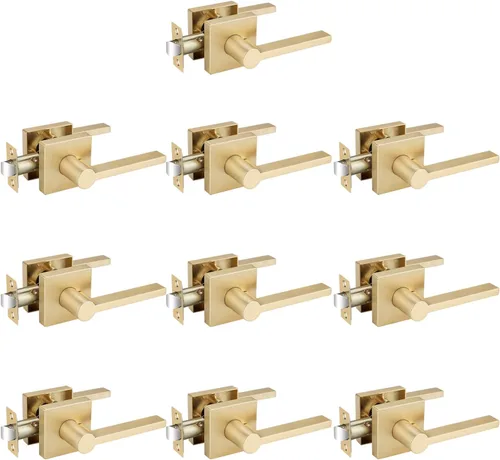 Miniatura 41 de EHOMEWARE Juego de manijas de puerta delantera doradas, palanca de puerta cuadrada resistente de latón y cerrojo de un solo cilindro reversible