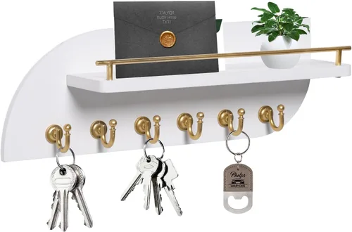 Miniatura 9 de Soporte para llaves de pared, organizador decorativo de llaves y correo con 3 ganchos de metal y 2 estantes, estante de llaves de madera montado