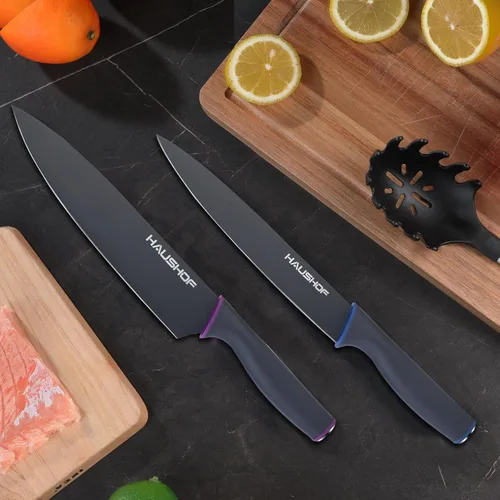 Miniatura 7 de HAUSHOF Juego de cuchillos de cocina, juego de cuchillos de 12 piezas con 6 fundas de colores, cuchillas de acero inoxidable con revestimiento