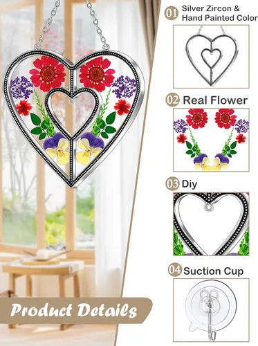 Miniatura 2 de Ky&Bosam - Atrapaluz de cristal, ventana en forma de corazón, con flor prensada, diseño de corazón/ "Mom", regalo para el Día de la Madre, Navidad
