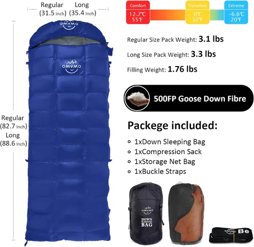 Miniatura 2 de 0 20 Degrees F Down Sleeping Bag for Adults,4 Season Rectangle Down Sleeping Bag for Camping Hiking Azul oscuro/Cremallera derecha