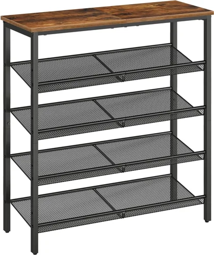 Miniatura 10 de HOOBRO Zapatero para entrada, organizador de zapatos de 4 niveles con estantes de malla ajustables, 12-16 pares de zapatos, amplio montaje