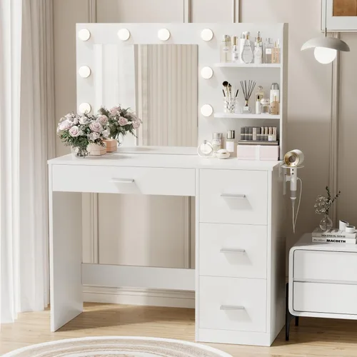 Miniatura 11 de YESHOMY Escritorio de tocador con espejo, 10 luces, toma de corriente y 3 estantes de almacenamiento, mesa de maquillaje con 2 cajones y 1 gabinete
