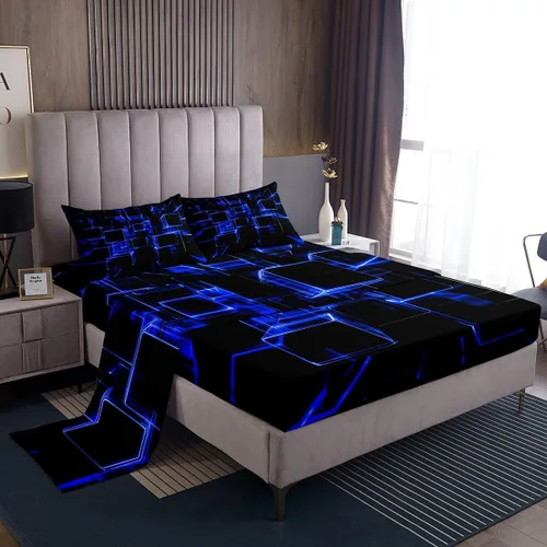 Miniatura 34 de Erosebridal Juego de sábanas de cama negro y rojo, juego de sábanas de tamaño individual abstracto moderno, sábanas a cuadros brillantes 3D, juego