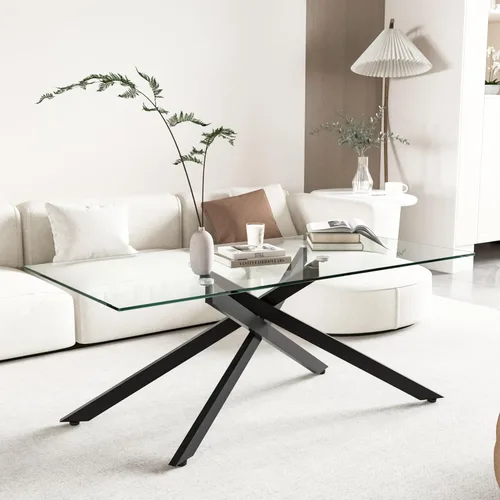 Miniatura 3 de Henf Mesa de centro rectangular moderna de vidrio transparente de 47 pulgadas, mesa de centro rectangular de vidrio templado para sala de estar