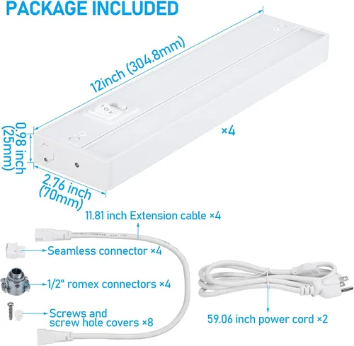 Miniatura 8 de TORCHSTAR Paquete de 4 luces LED de 12 pulgadas para debajo del gabinete, 5CCT, ETL T24, 8W 600LM, cableado y enchufable, 5 colores seleccionables