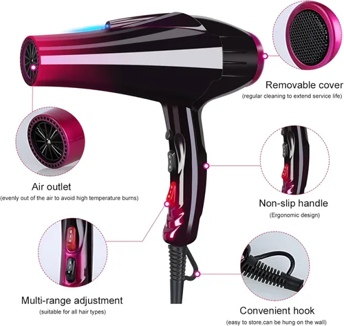 Miniatura 2 de Secador de pelo iónico con motor de 3500 W, 3 ajustes de calor/2 velocidades, 2 boquillas, 1 difusor para uso profesional en el salón de belleza