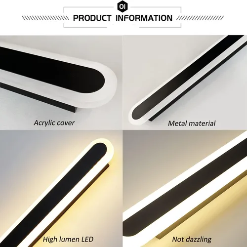 Miniatura 5 de Paquete de 2 luces LED de pared modernas de 47 pulgadas de largo, 24 W, blanco cálido, 110 V, lámpara de pared rectangular negra, elegante acrílico