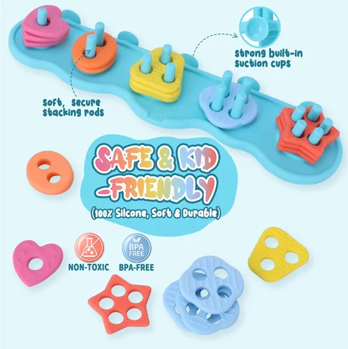 Miniatura 3 de Juguetes de baño para bebés, juego de juguetes de baño de silicona sin moho para clasificar y apilar con 20 piezas flotantes texturizadas, diseño