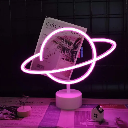 Miniatura 7 de ENUOLI Letreros de luz de neón de planeta rosa, luces de noche LED con pedestal, decoración de habitación, batería/operación USB, letreros de neón