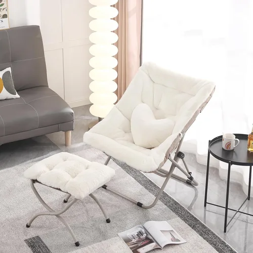 Miniatura 9 de Silla Platillo con Otomán, Cómoda Silla Plegable de Gran Tamaño, Silla de Lectura de Piel Sintética para Adultos, Silla Perezosa Plegable de Acento