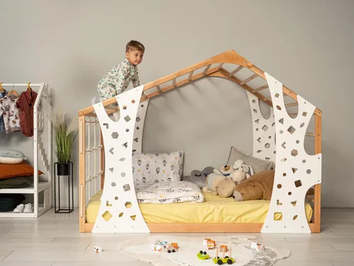 Miniatura 2 de Cama Montessori 2 en 1 tamaño individual con gimnasio interior para niños para actividades en el hogar, cama de piso fabricada en Europa