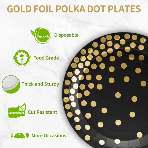 Miniatura 3 de DYLIVeS Plato de papel, paquete de 80 lunares negros y dorados, platos desechables de 7 pulgadas, redondo, casual, para todas las estaciones