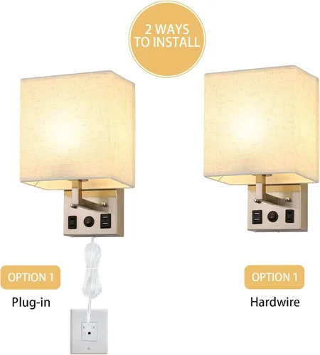 Miniatura 4 de BTY Juego de 2 apliques de pared modernos, lámparas de pared para dormitorio, enchufe con puertos de carga USB, apliques de enchufe de CA