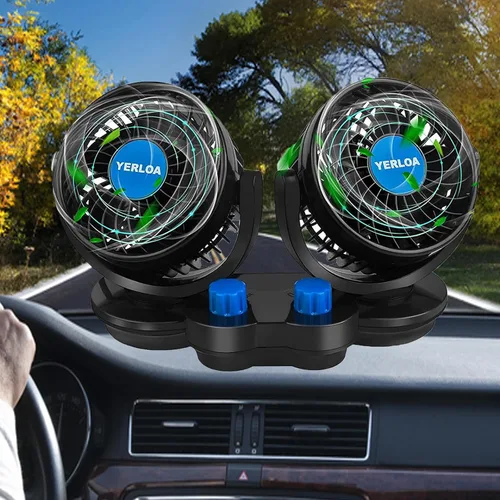 Yerloa Ventilador de coche eléctrico de 12 V, ventilador portátil para automóvil, doble cabeza, rotación de 360 grados, ventilador de aire de