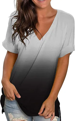 Blusa de talla grande para mujer, talla grande, para uso diario, verano, primavera, verano, casual, estampado degradado, manga corta, V