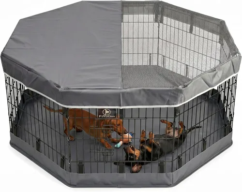 Miniatura 23 de PJYuCien Corralito octogonal para perros con cubierta superior y almohadilla inferior, bolígrafo de ejercicio plegable de metal, 8 paneles de 24