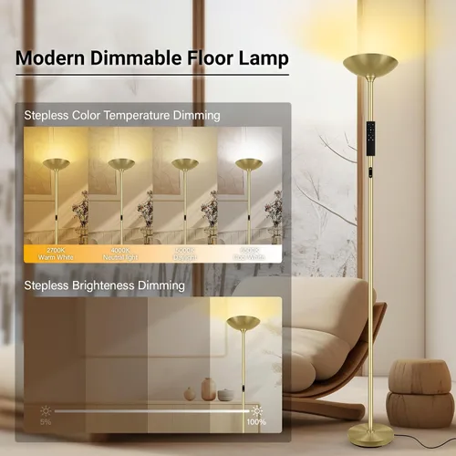 Miniatura 4 de BoostArea Lámpara de pie regulable, 30 W, 3000 lúmenes, lámpara de pie LED súper brillante con control remoto y táctil, lámpara de pie moderna