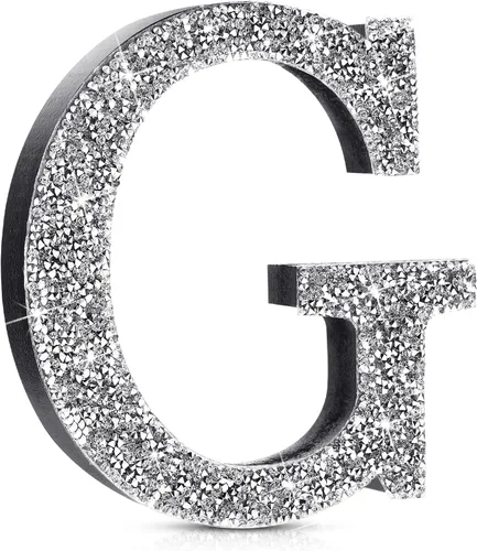 Miniatura 16 de Qunclay Letras brillantes de cristal plateado de 5.7 pulgadas, decoración de diamantes triturados, letra de madera con purpurina con tornillo