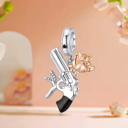 Miniatura 2 de Authentic 925 Sterling Silver Mom Heart Shaped Pistol with Rose Charm for Original Silver Bracelet or Bangle Jewelry Make Pendants