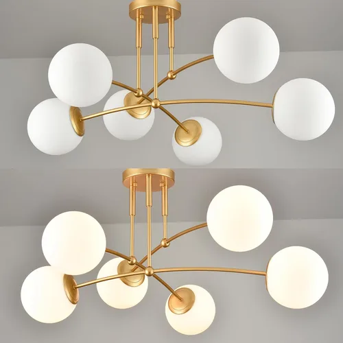 Miniatura 4 de CLAXY - Lámpara de techo dorada de mediados de siglo, semiempotrada, lámpara de globo de ópalo Dimmable 6-Light Sputnik Ceiling Chandelier E26