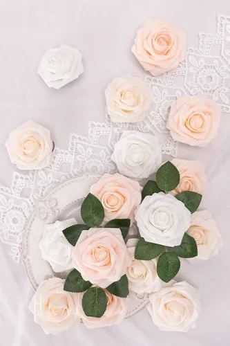 Miniatura 148 de N&T NIETING Flores artificiales, rosas artificiales de color rosa intenso, 50 piezas de flores falsas con tallo para ramos de boda DIY, centros