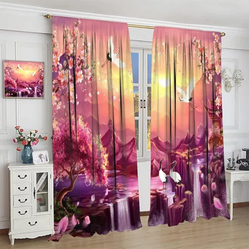 Miniatura 4 de Cortinas de estilo japonés, flor de cerezo, grúa de amanecer, estilo asiático, cortinas opacas para dormitorio, sala de estar, juego de 2 paneles