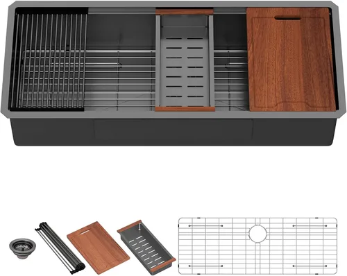Miniatura 17 de Lordear Fregadero de cocina de montaje inferior de 23 pulgadas, estación de trabajo, fregadero de cocina de acero inoxidable calibre 16, cuenco