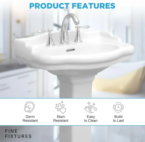 Miniatura 8 de Fine Fixtures Roosevelt Lavabo de Pedestal para Baño – Lavabo de Pedestal Pequeño de 22 Pulgadas, Porcelana Vítrea Duradera con Grifo de Lavabo
