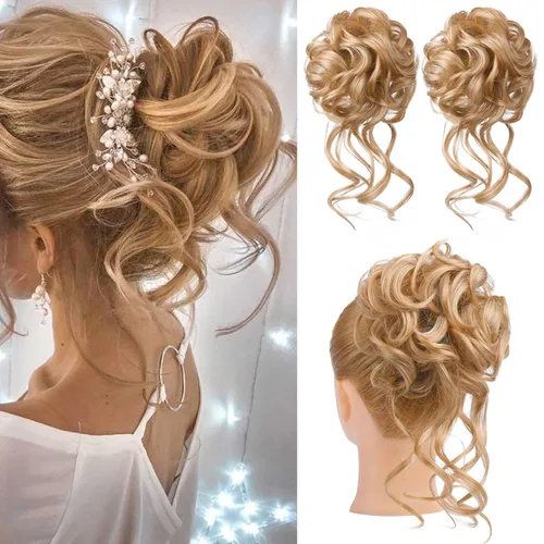 HOOJIH 2 piezas de moño despeinado, recogido despeinado con mechones, extensiones de moño de cabello ondulado rizado, envoltorio de cabello, cola de