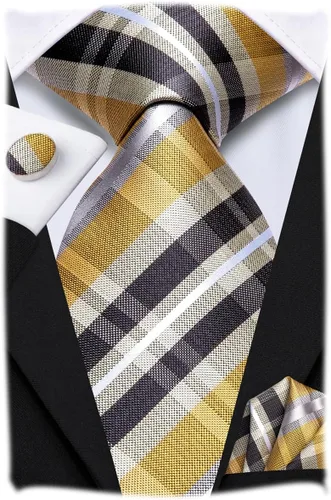 Miniatura 304 de Hi-Tie Corbata clásica de cachemira para hombre con pañuelo y gemelos a cuadros