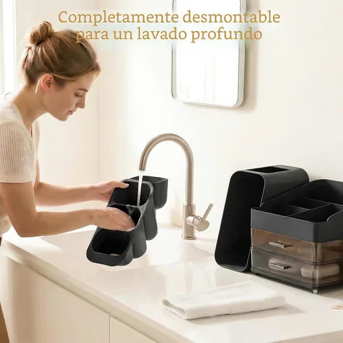 Miniatura 6 de Organizador de maquillaje de gran capacidad con soporte para brochas de maquillaje para tocador, material grueso, organizador de encimera de baño