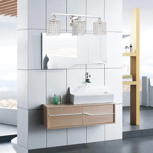 Miniatura 3 de BONLICHT Aplique de pared con gotas de cristal, 3 luces modernas para tocador de baño sobre espejo cromado pulido, lámpara de pared de lujo