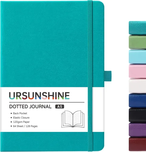 Miniatura 18 de Cuaderno punteado, diario, 5.3 x 8.26 pulgadas, tapa dura, prémium, papel grueso, doble espiral, bandas, cuero negro sintético, lazo para bolígrafo